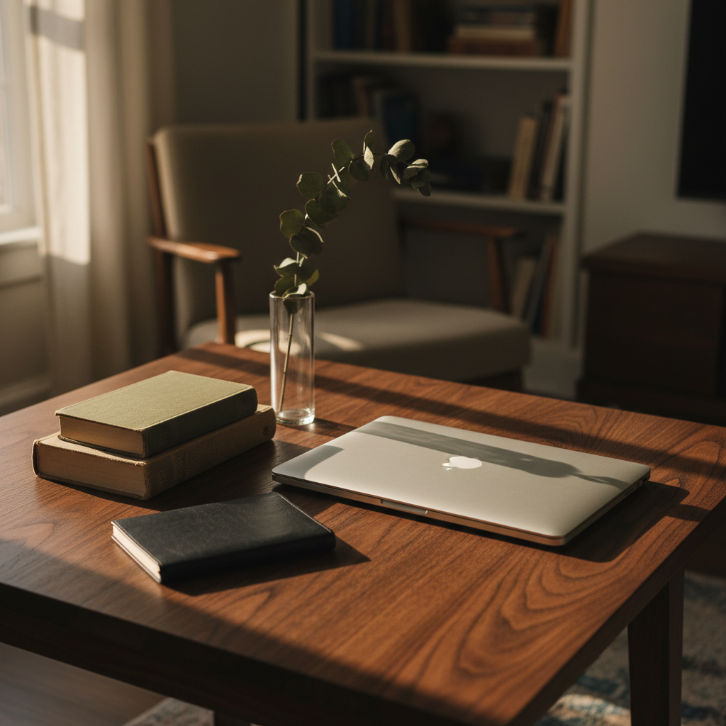A sleek, closed laptop with a brushed aluminum finish sits slightly off-center on a dark walnut table, surrounded by a carefully curated arrangement of objects: a small stack of well-worn hardback books, an elegant black notebook, and a single, minimal glass vase holding one dried eucalyptus stem. Late afternoon light from a nearby window creates a soft golden gradient across the scene, highlighting subtle textures and casting refined shadows. Shot from a slightly elevated angle using the rule of thirds, the background fades into a softly blurred interior, hinting at a quiet, private space. The atmosphere feels contemplative and refined, evoking the quiet ritual of drafting personal blog posts in an authentic, photographic style.