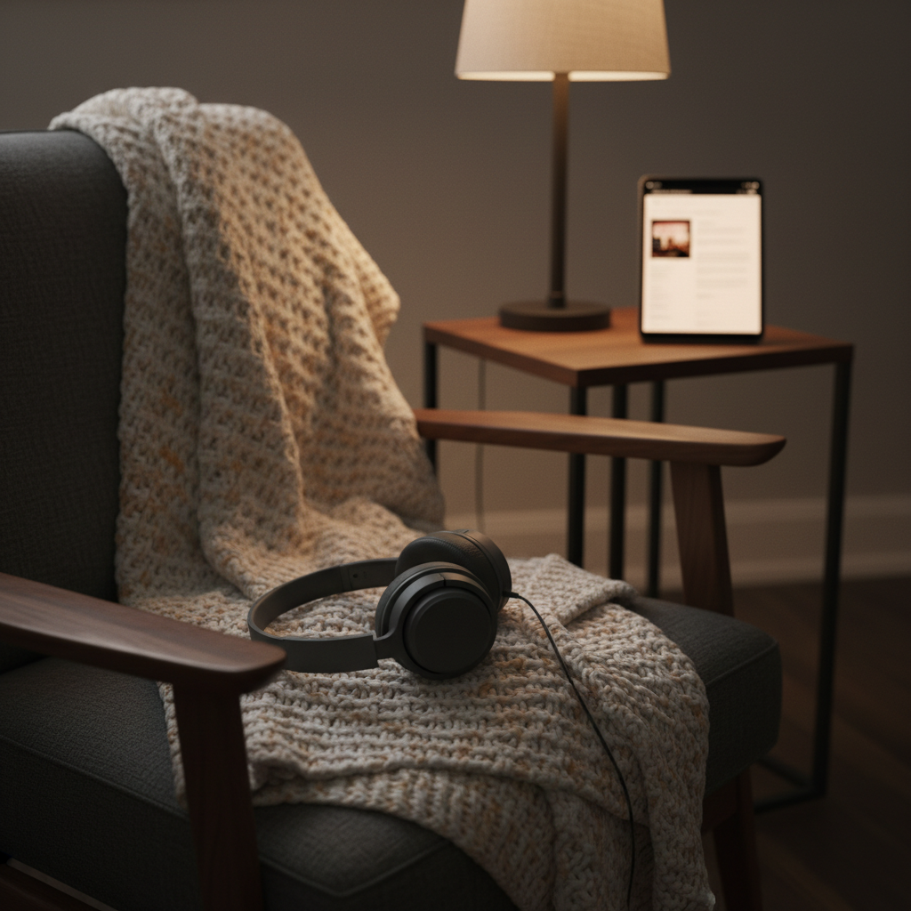 A pair of over-ear headphones with a matte charcoal finish rests gently on a folded, knitted throw blanket draped over the arm of a deep gray reading chair. On the adjacent side table, a slim tablet displays a softly glowing, out-of-focus screen filled with text, hinting at a personal blog entry being read. Early evening, diffused lamp light creates a warm pool of illumination, leaving the background room in soft shadow. Photographed at a three-quarter angle with a medium depth of field, the focus lingers on textures: the knit pattern, the smooth plastic, the woven upholstery. The mood is cozy, introspective, and slightly moody, capturing a sophisticated, solitary moment of consuming reflective writing.
